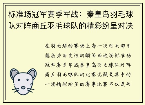 标准场冠军赛季军战：秦皇岛羽毛球队对阵商丘羽毛球队的精彩纷呈对决