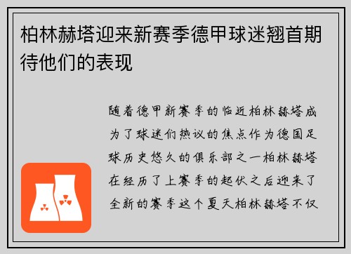柏林赫塔迎来新赛季德甲球迷翘首期待他们的表现